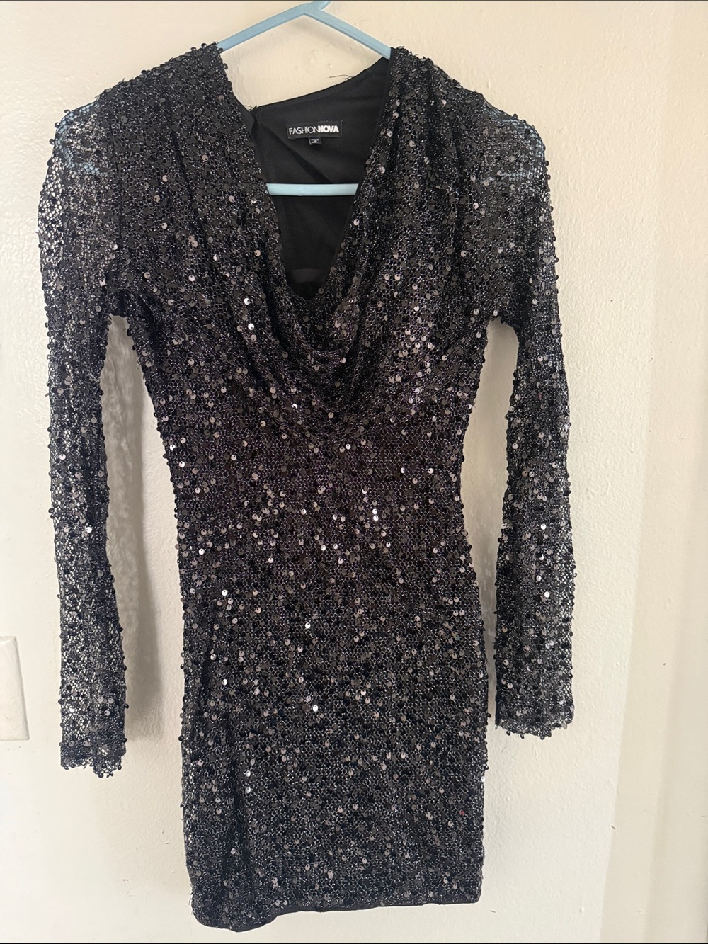 Fashion Nova Black Sequin Long Sleeve Cowl Dress